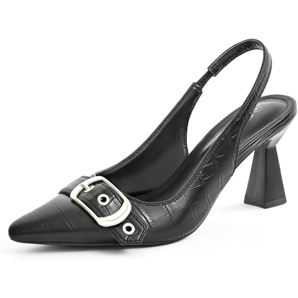 🆕Black Women Slingback Kitten Heels Pointed Toe Pumps Shoes with Buckle Strap